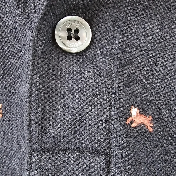 Gucci Dark Blue Polo Embroidered Shirt, Short Sleeves Red Green Striped Collar.L - Picture 7 of 11